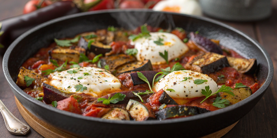 Shakshuka cu vinete picante la cuptorul electric de exterior Woodfire OO101
